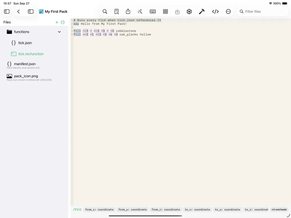 Writing the /fill command in the MiniBench editor (after)