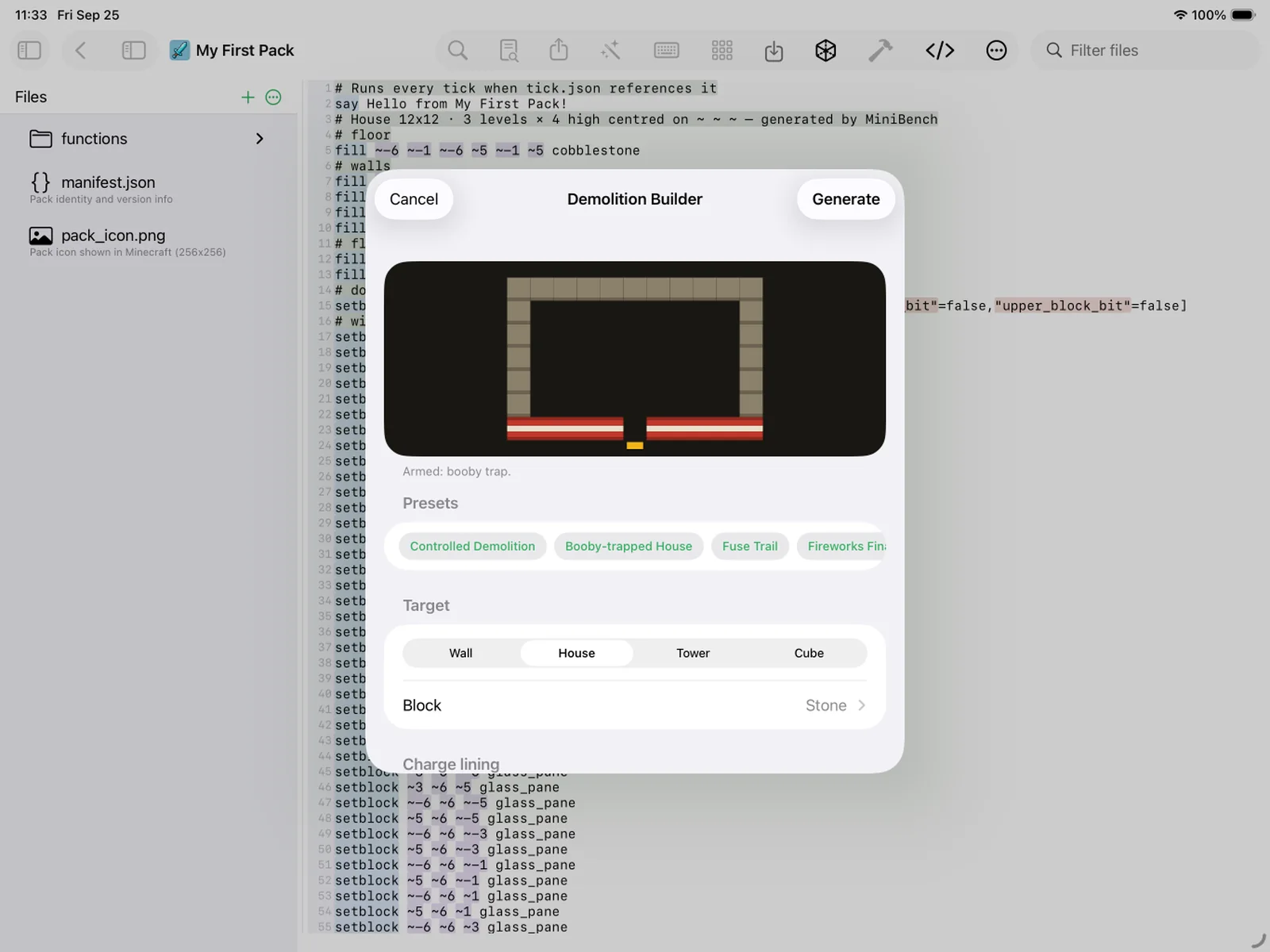 The MiniBench Demolition Builder with a blast preview, presets, and target options