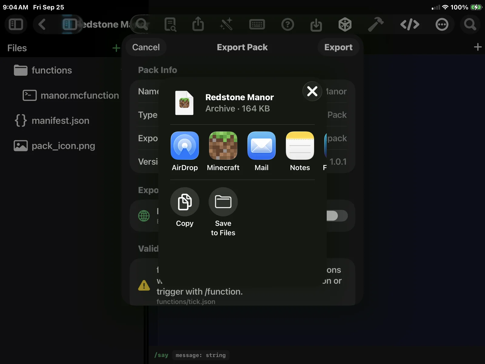 The iOS share sheet showing the exported Redstone Manor archive and destinations