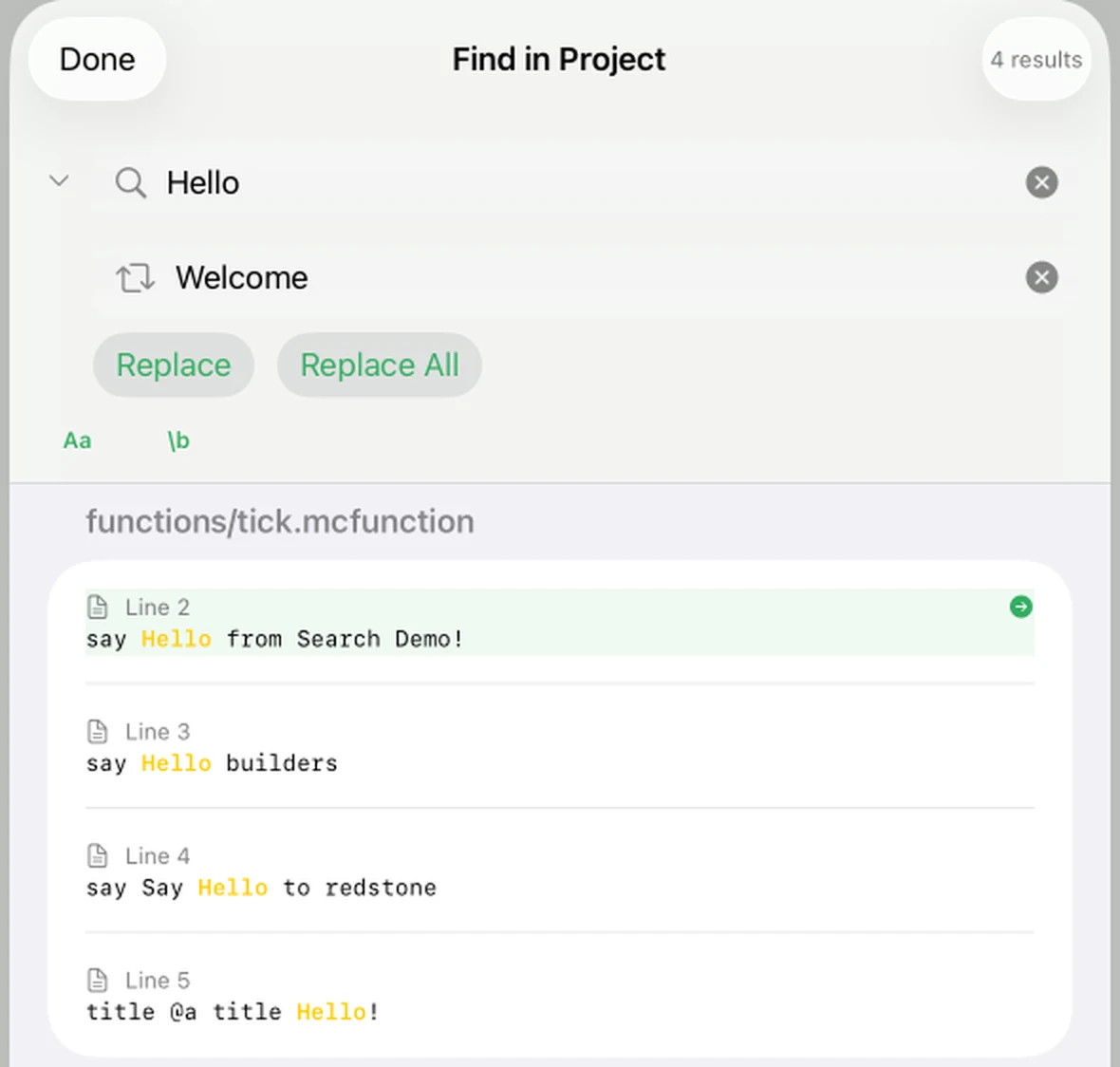 The Find in Project panel with the replace field showing 'Welcome' and Replace / Replace All buttons