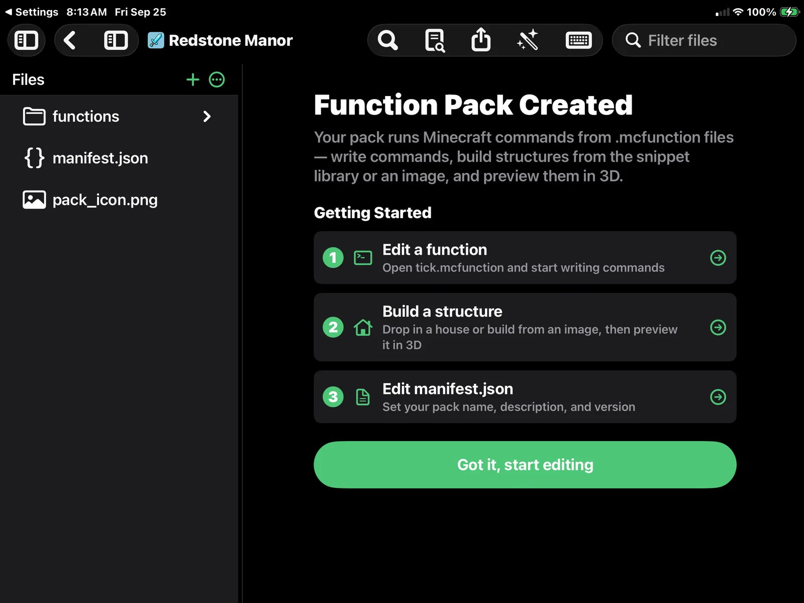 MiniBench showing a newly created function pack called Redstone Manor