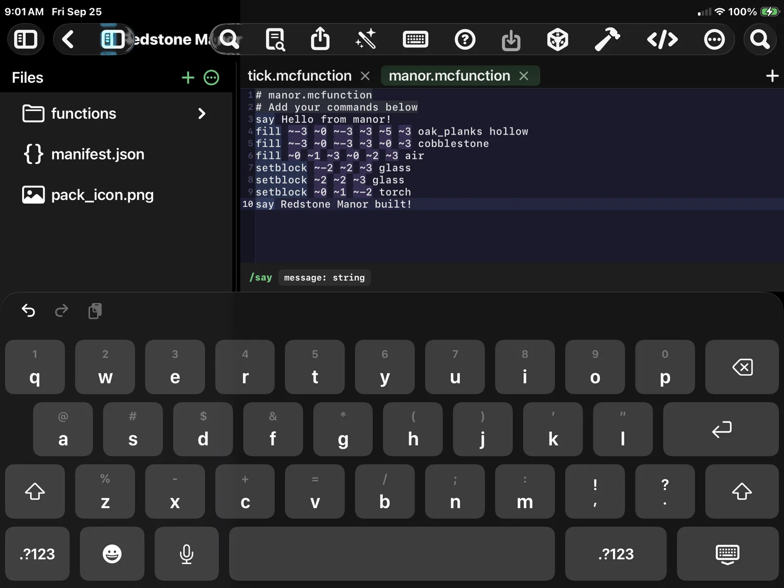 The MiniBench code editor with a .mcfunction that builds a house