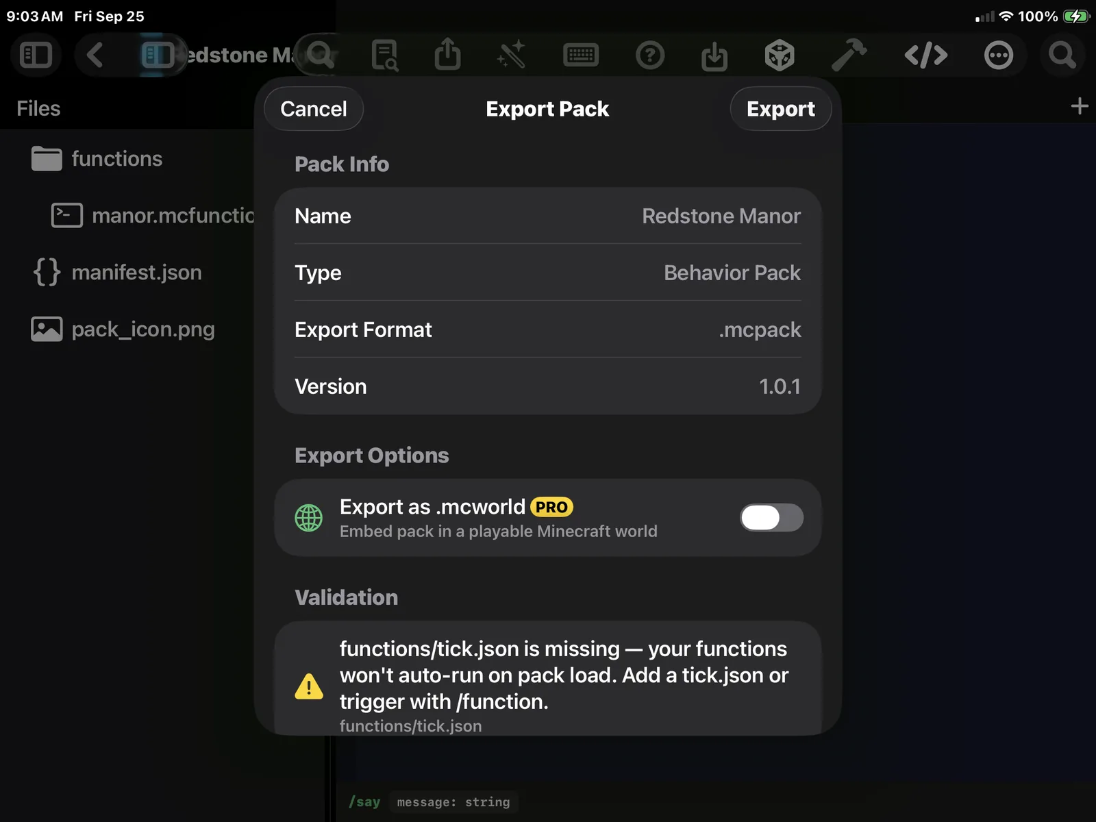 The MiniBench export screen validating Redstone Manor before packaging
