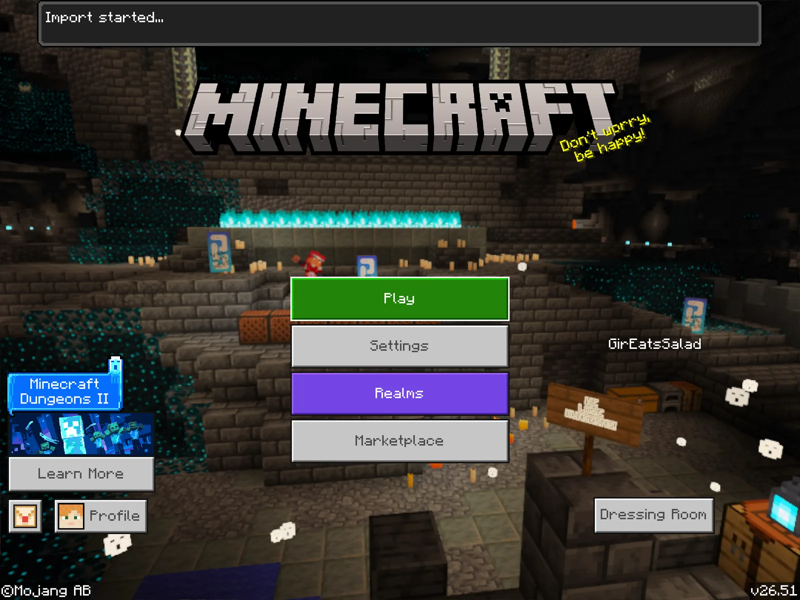 Minecraft's main menu showing the Redstone Manor pack being imported