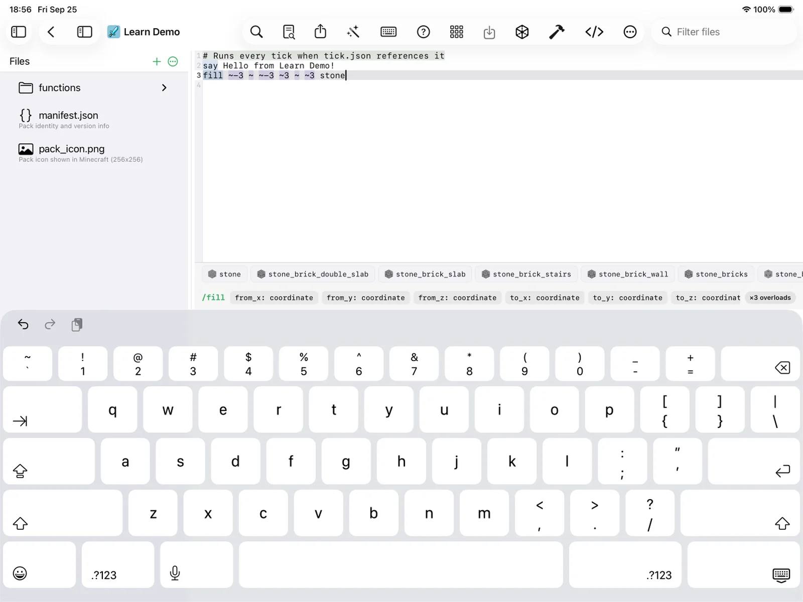 Valid commands in the editor with no warnings