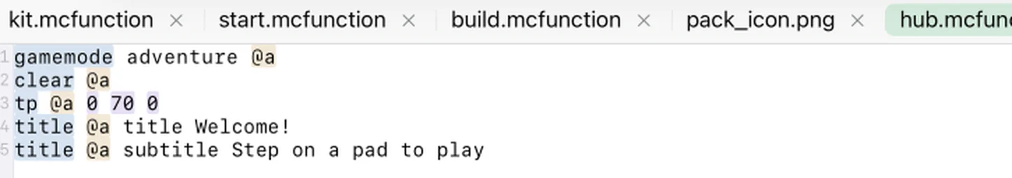 The lobby setup function in the MiniBench editor putting players in Adventure mode and welcoming them