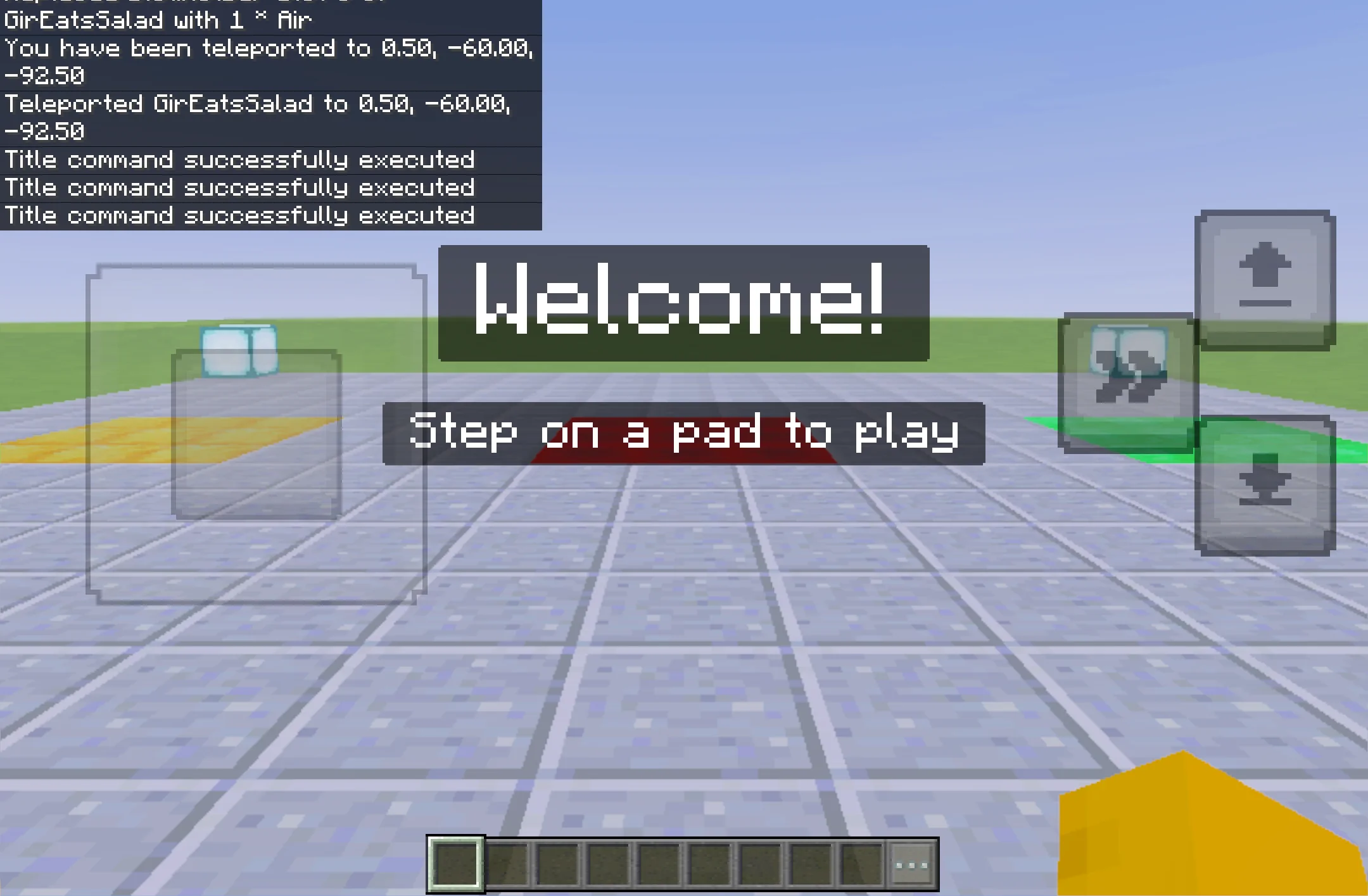 A 'Welcome!' title with 'Step on a pad to play' subtitle in Minecraft