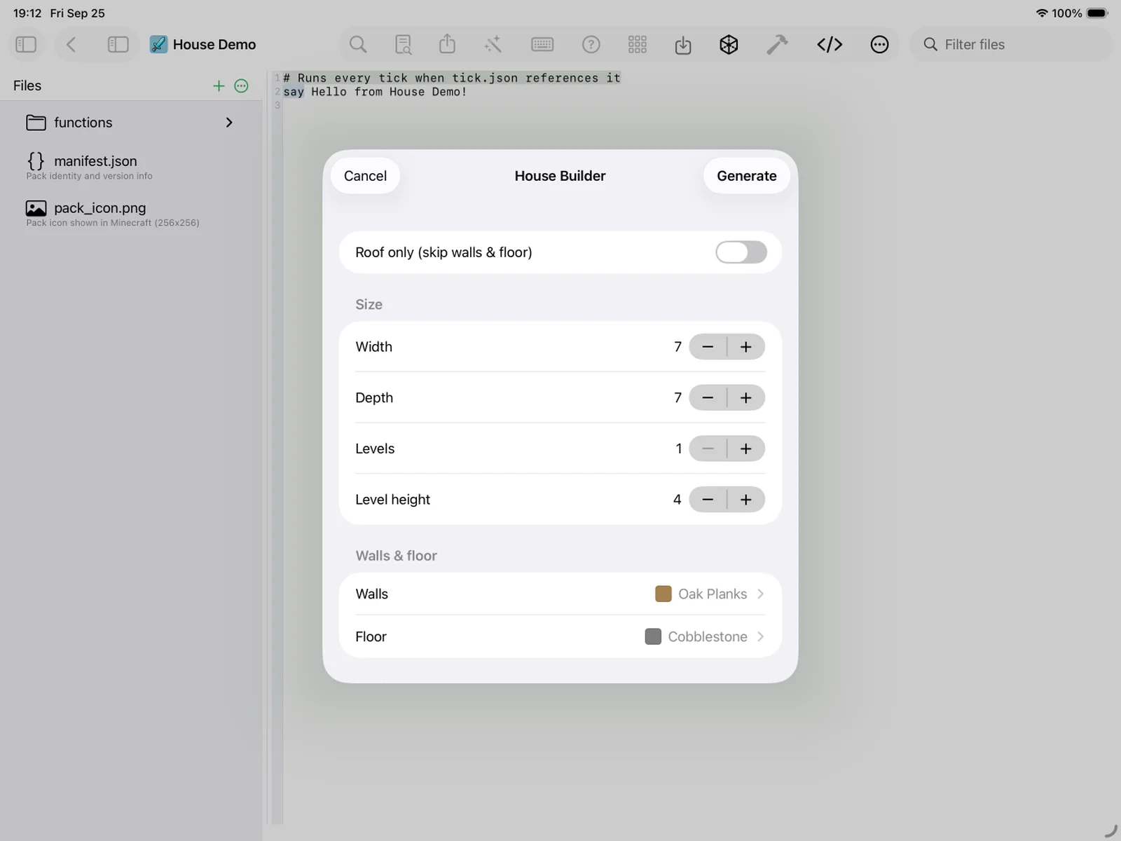 The House Builder wizard with size and material options