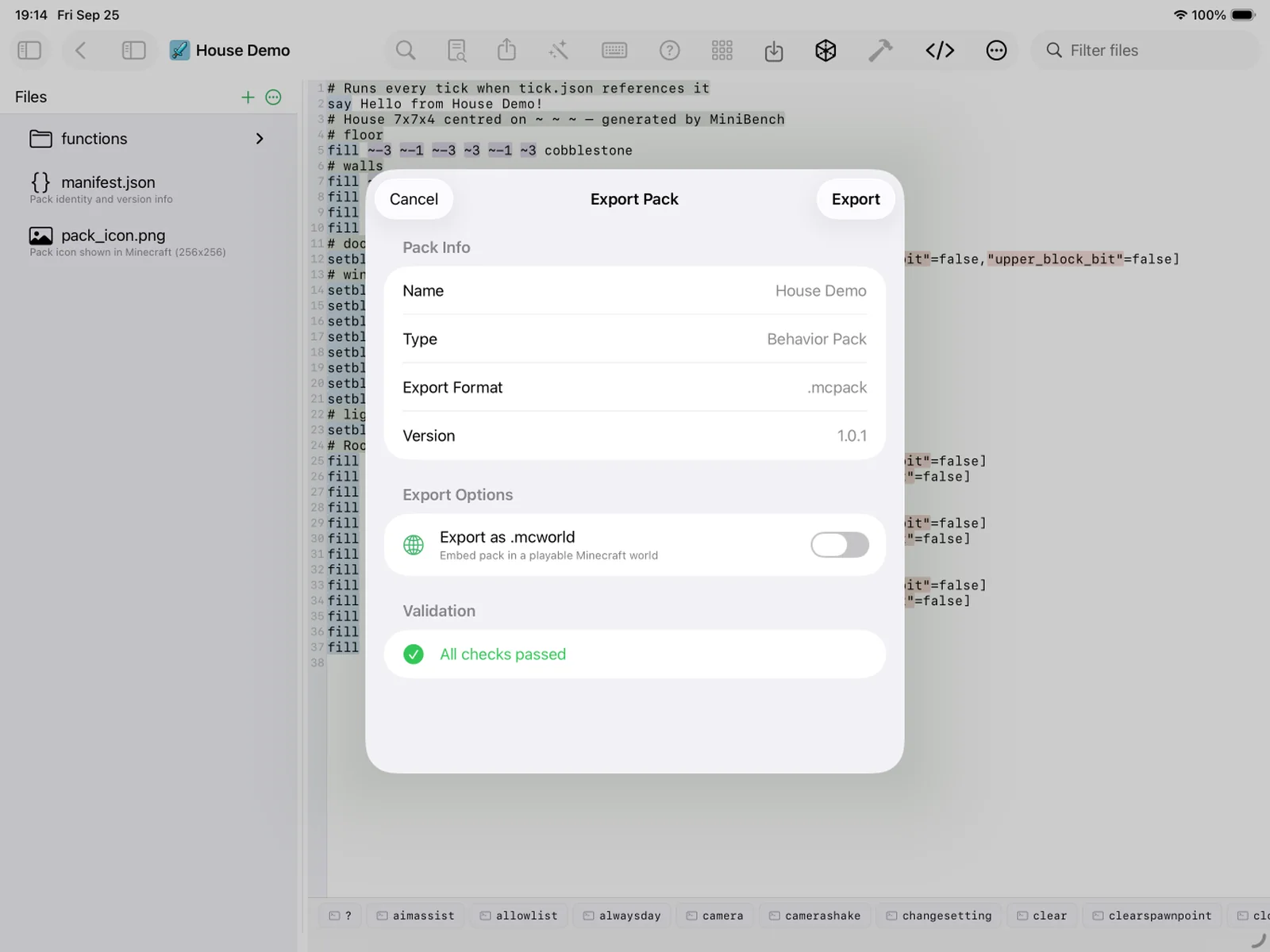 The MiniBench export screen for the house pack