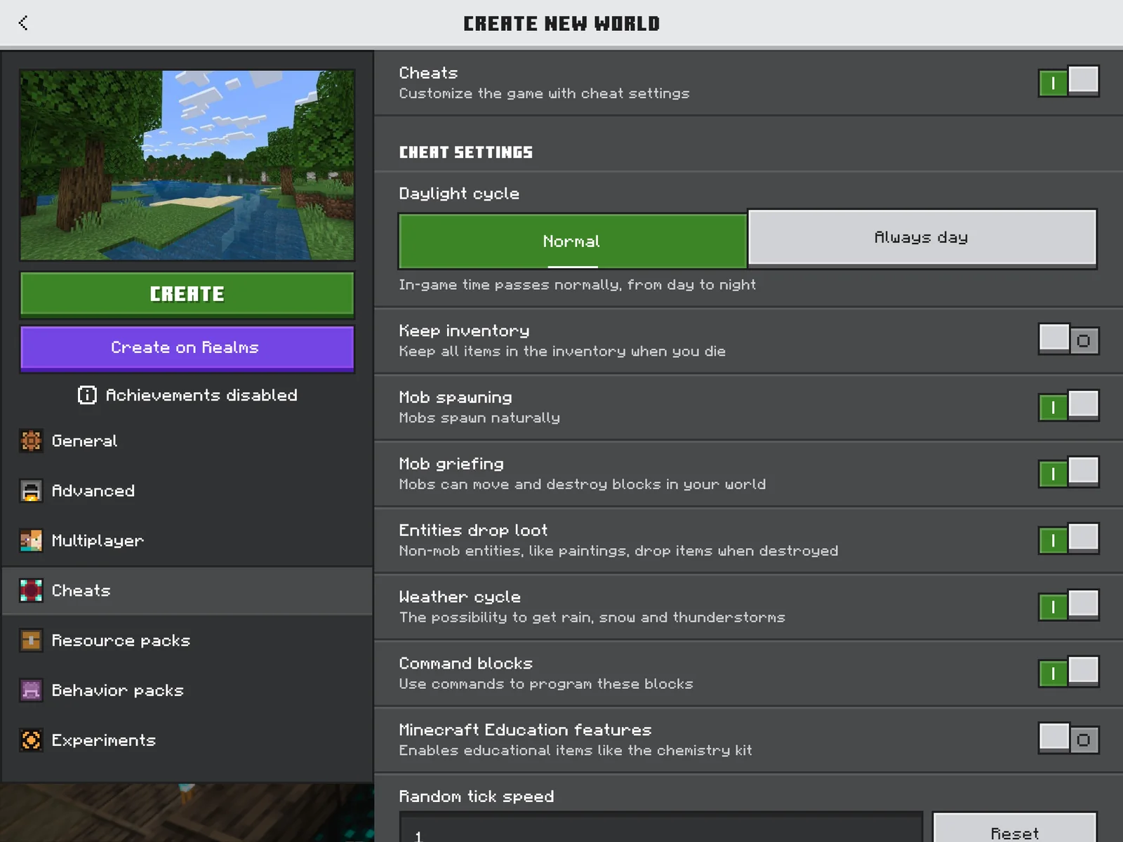 The Cheats toggle enabled in Minecraft world settings