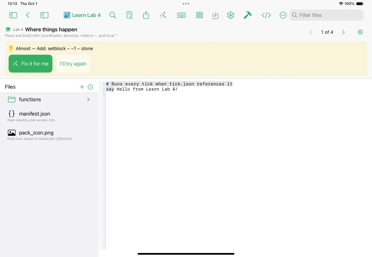 A MiniBench Lab showing an amber hint with a Fix it for me button