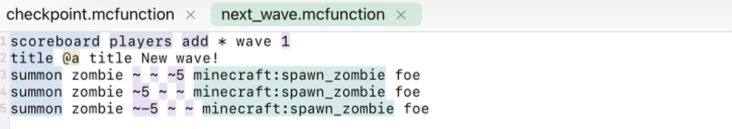 The next_wave function in the MiniBench editor: bump the wave score, announce it, and summon tagged zombies