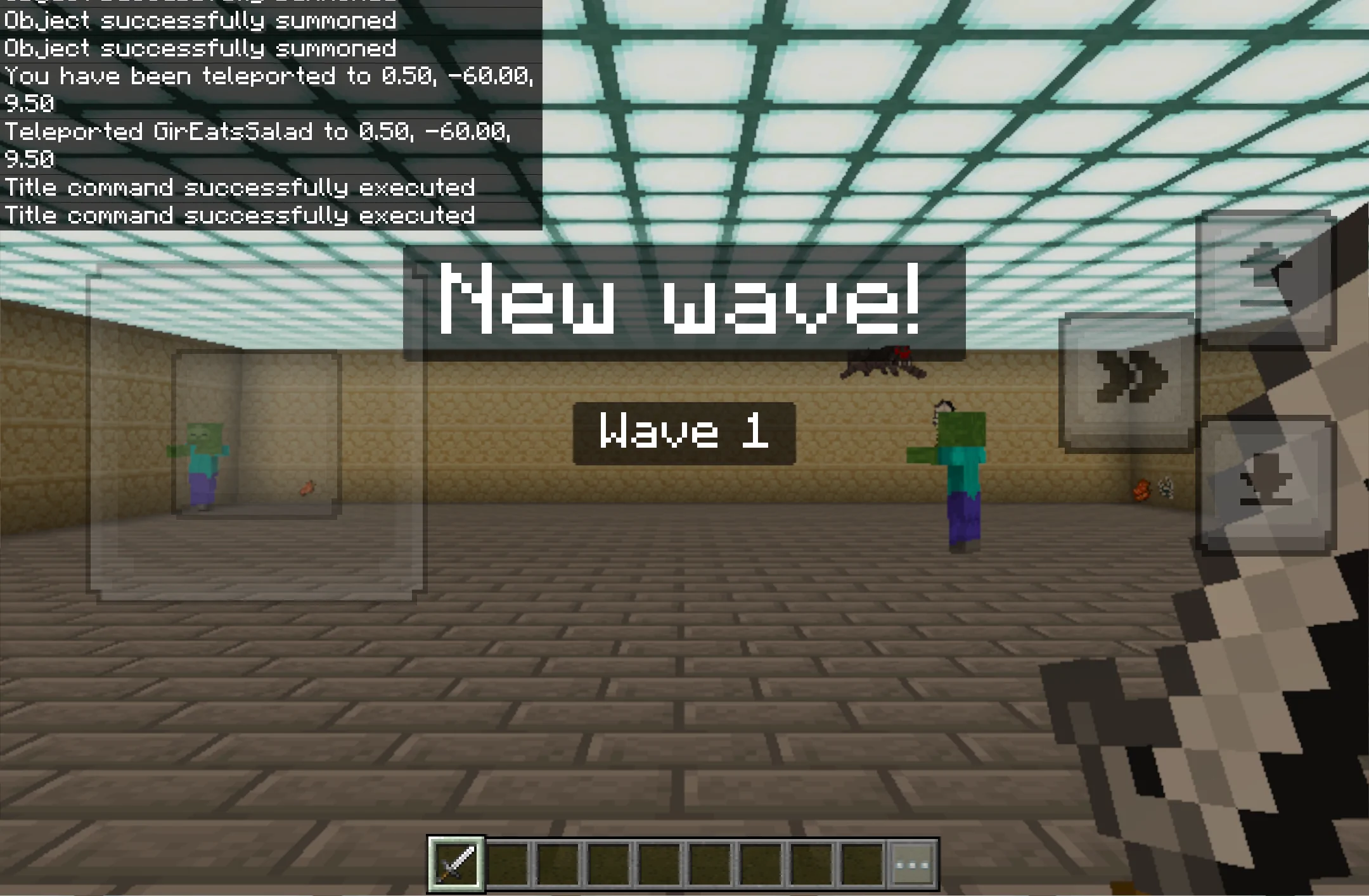 A 'New wave!' title with 'Wave 1' subtitle and zombies spawned in the Minecraft world