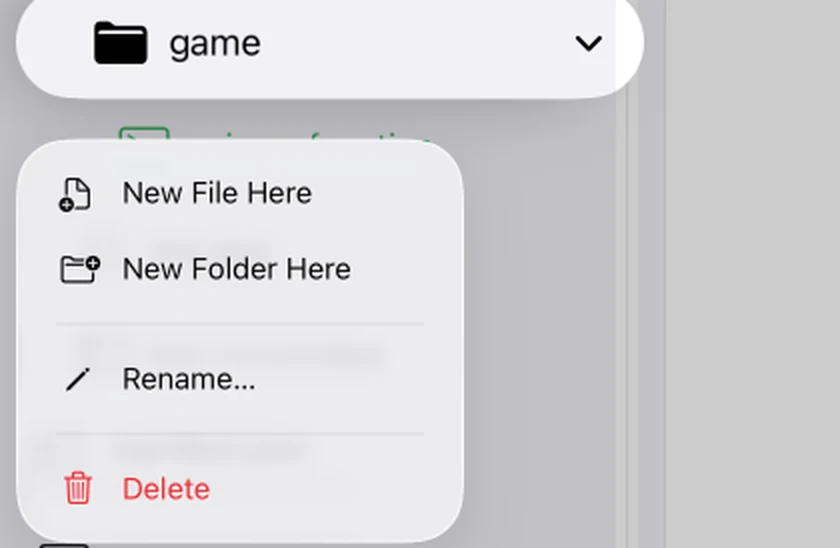 The MiniBench file tree with a folder long-pressed, showing New File Here, New Folder Here, Rename, and Delete