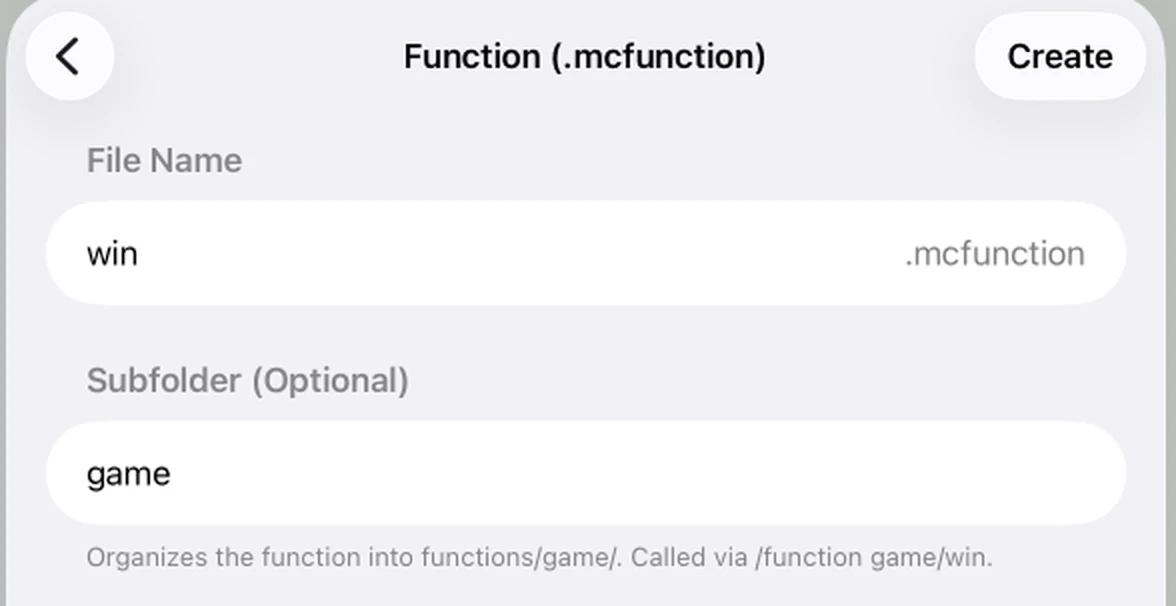 MiniBench new-file dialog: File Name 'win', Subfolder 'game', hint reads 'Called via /function game/win'