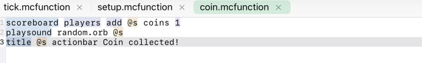 The coin.mcfunction file open in MiniBench with three commands and a live command signature bar