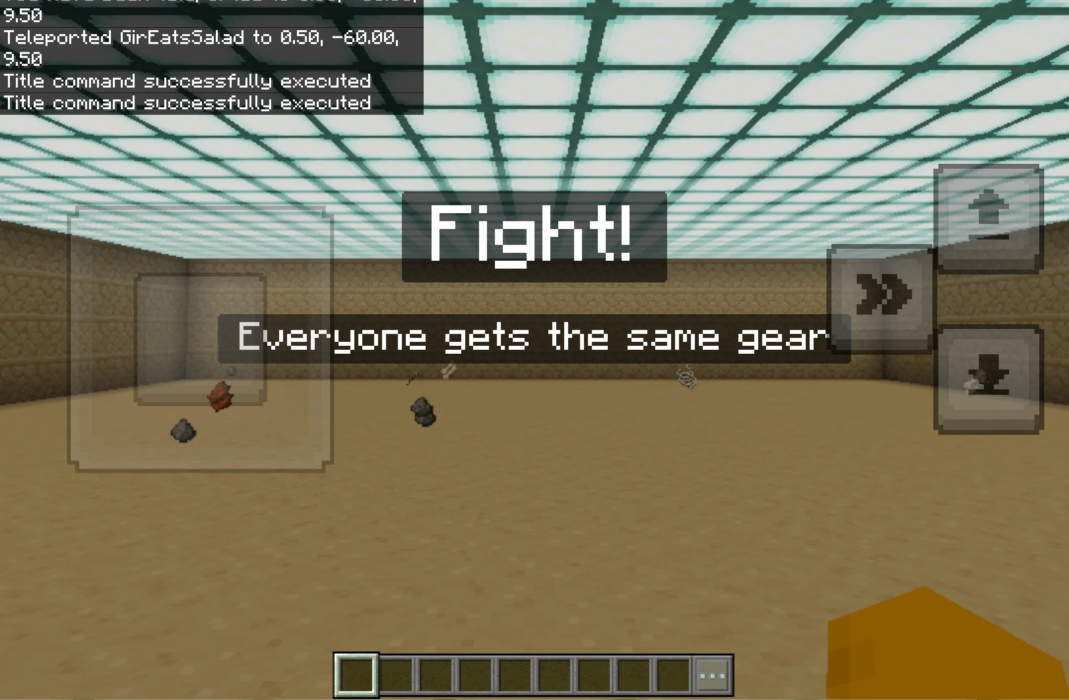A sandstone PvP arena on a flat field with a 'Fight!' title and 'Everyone gets the same gear' subtitle in Minecraft