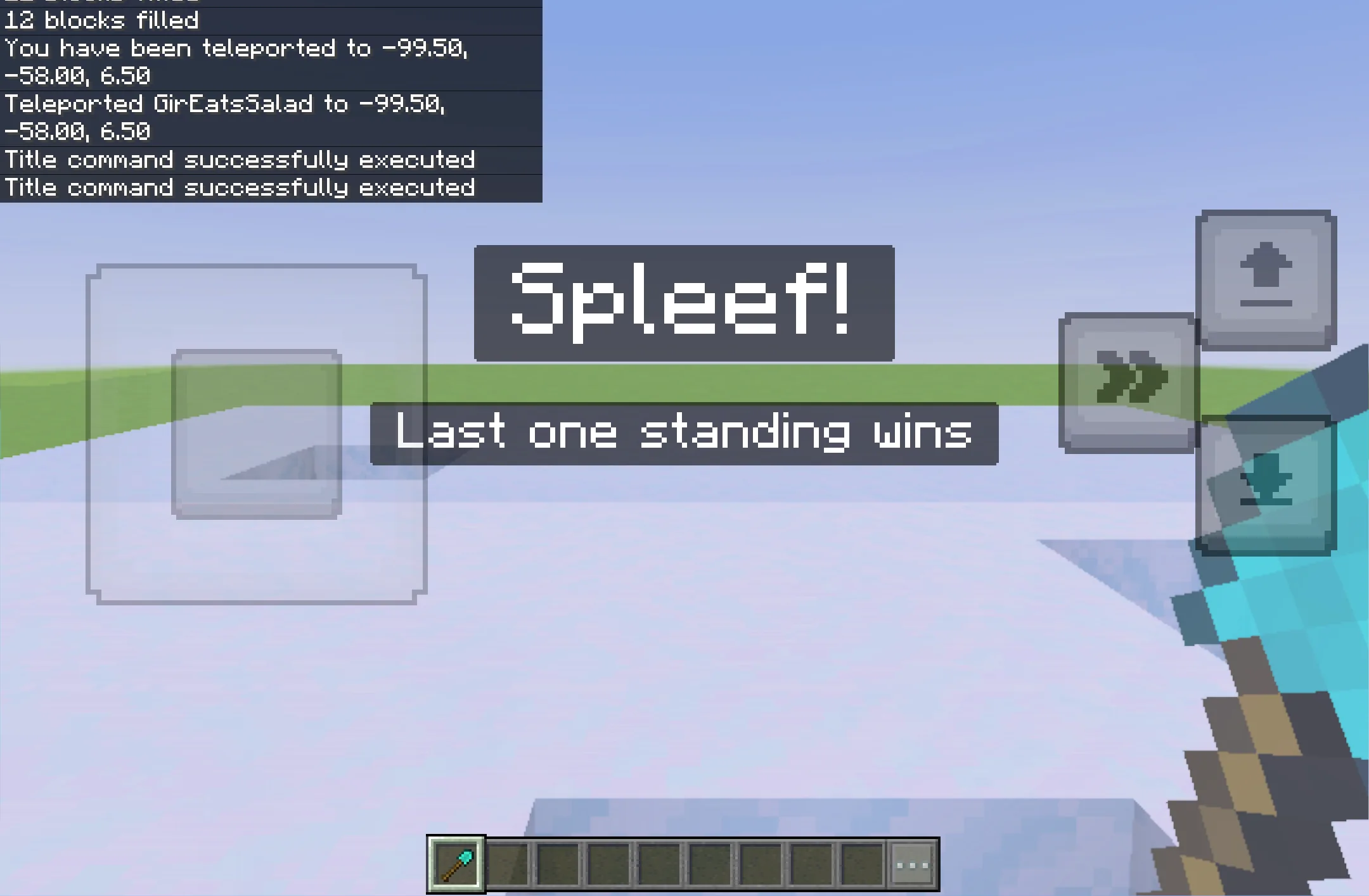 A 'Spleef!' title with 'Last one standing wins' subtitle and a diamond shovel in the hotbar