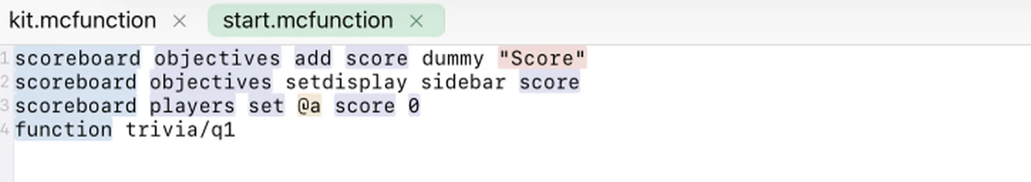 The trivia start function in the MiniBench editor setting up the score objective and asking the first question