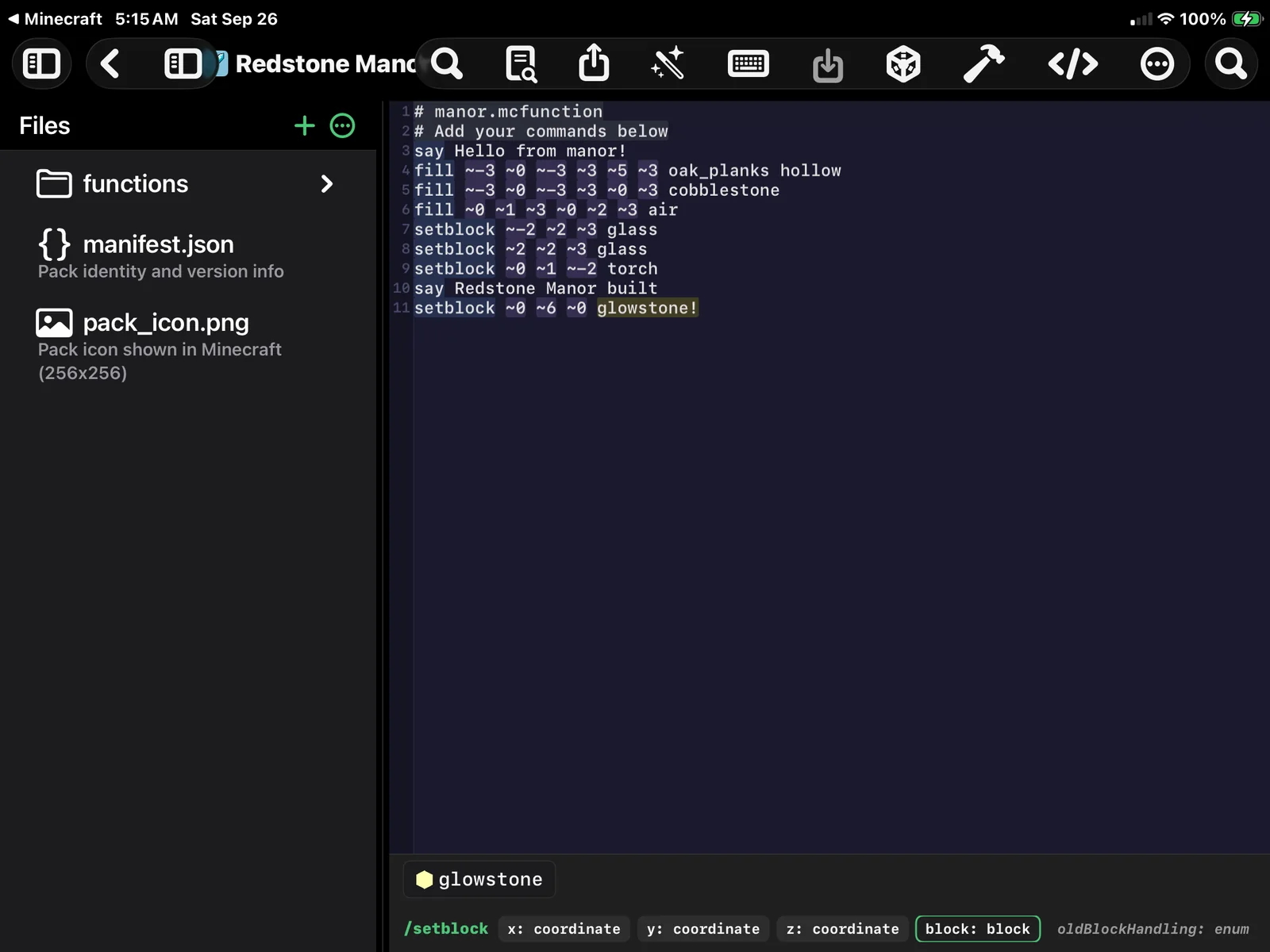 Editing a function in MiniBench to add a setblock glowstone command
