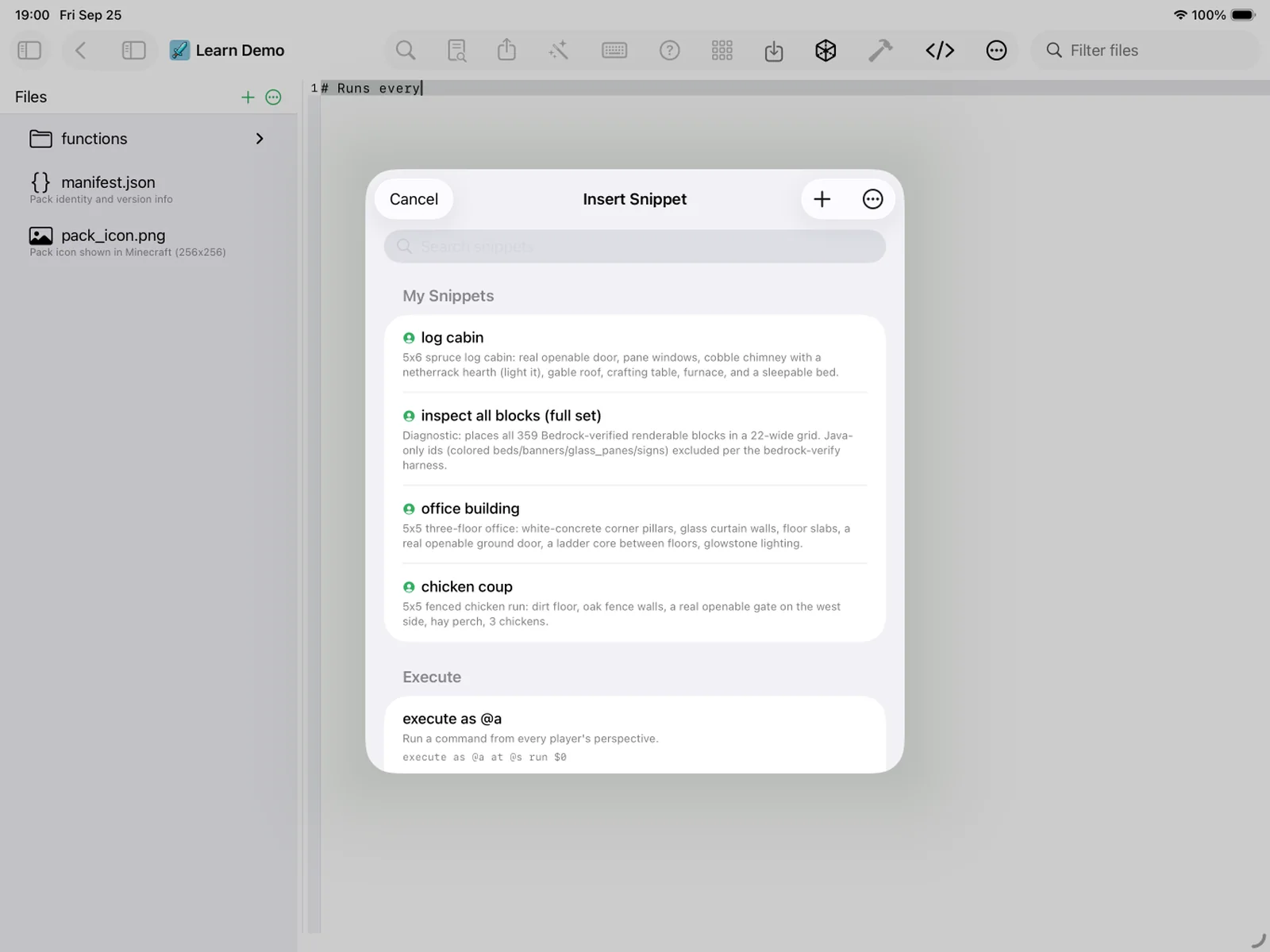 The MiniBench snippet library with log cabin, office building, and more