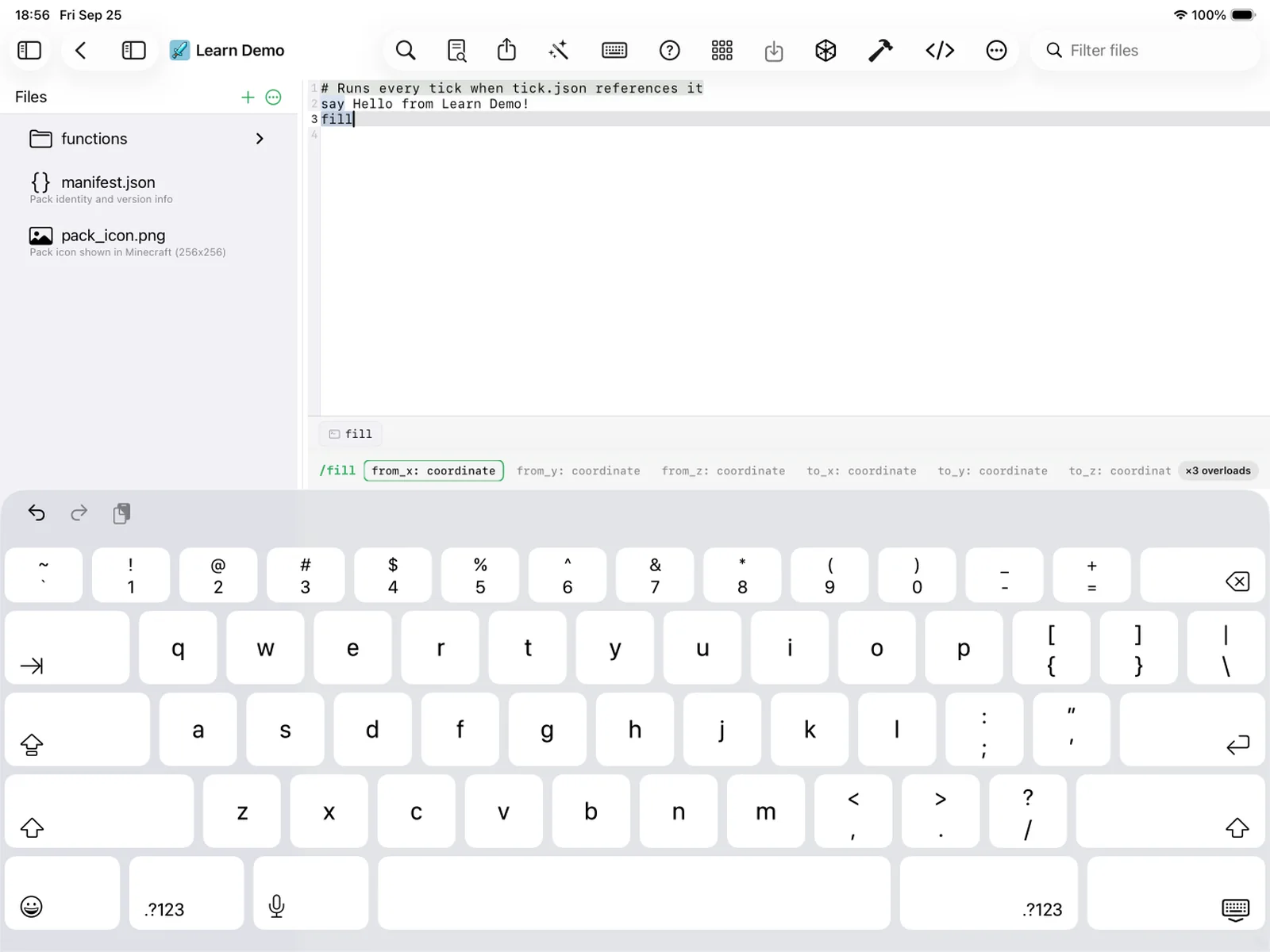 MiniBench autocomplete and signature bar while typing the fill command